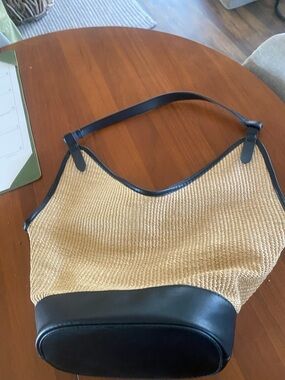 Woven Straw Shoulder Bag with Black Trim